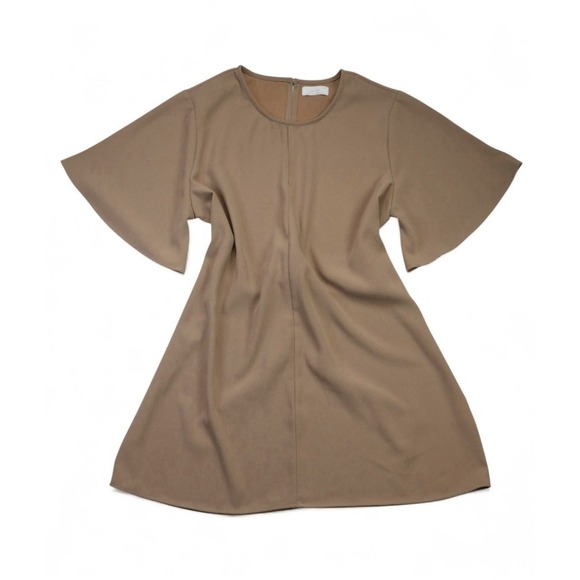 Front Row Tops - Oak + Fort Women's Belted Tunic Top XL Beige Short Sleeve Minimalist Split Front